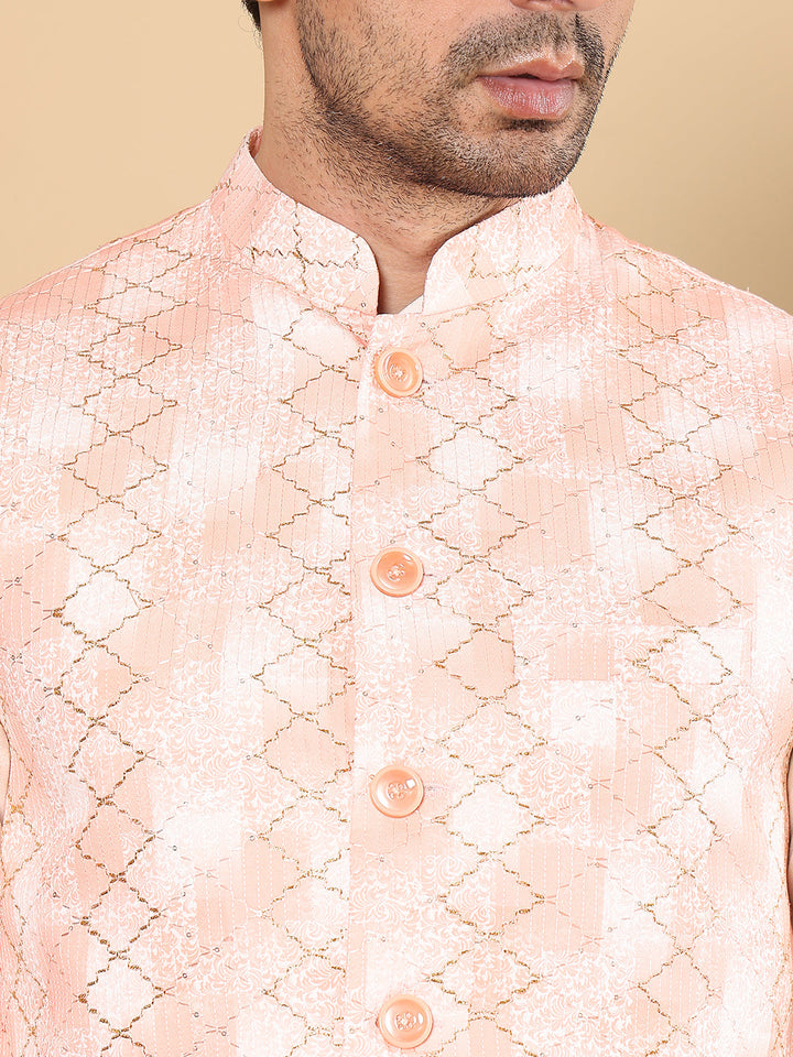 Silk Men's Woven Design Peach Embroidered Nehru Jacket | SHOBITAM