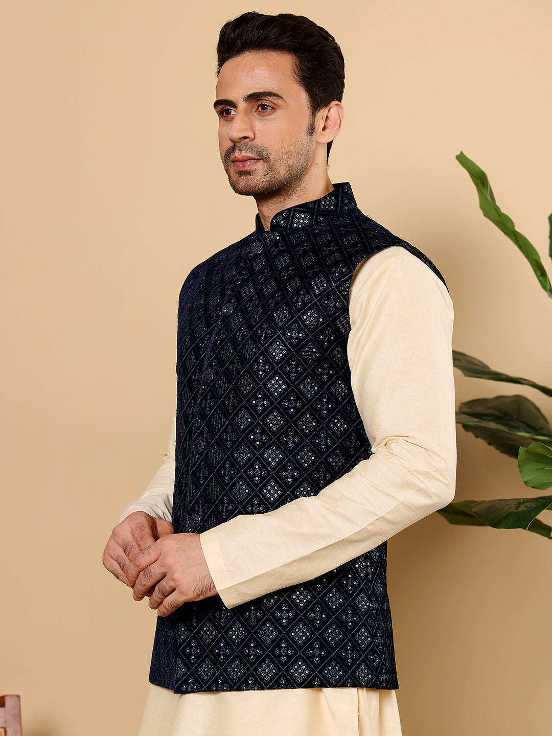Men's Woven Design Black Embroidered Nehru Jacket | SHOBITAM