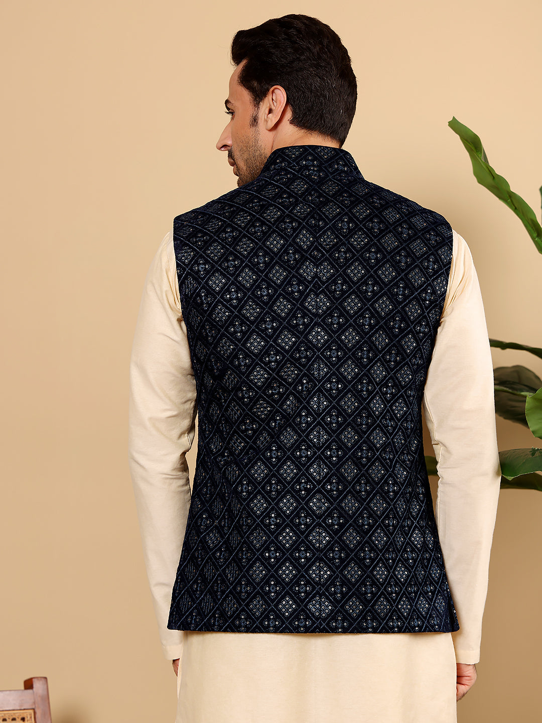 Men's Woven Design Black Embroidered Nehru Jacket | SHOBITAM