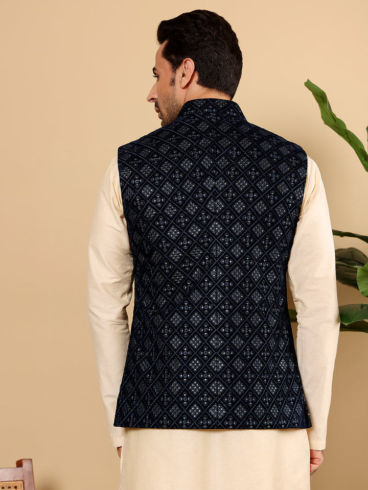 Men's Woven Design Black Embroidered Nehru Jacket | SHOBITAM