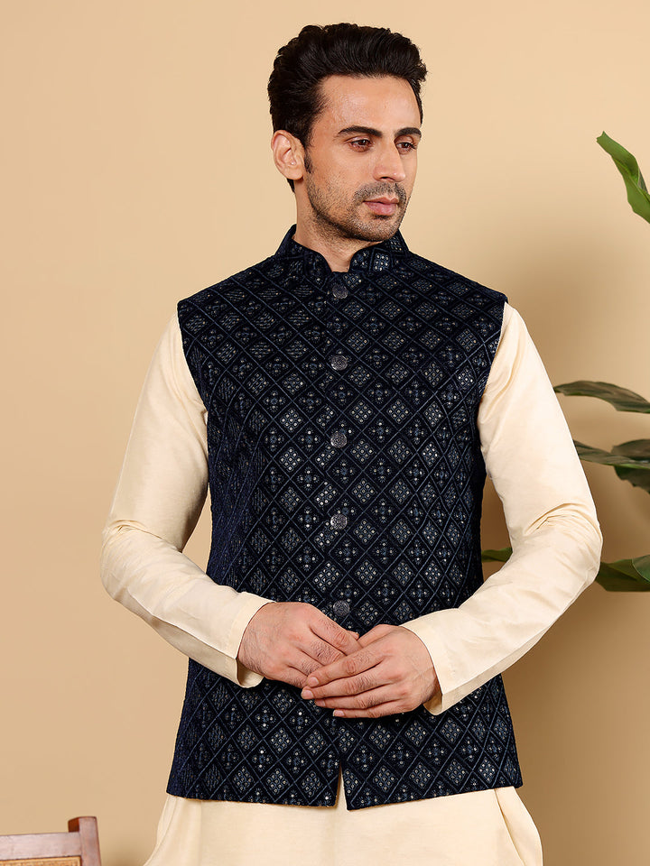 Men's Woven Design Black Embroidered Nehru Jacket | SHOBITAM