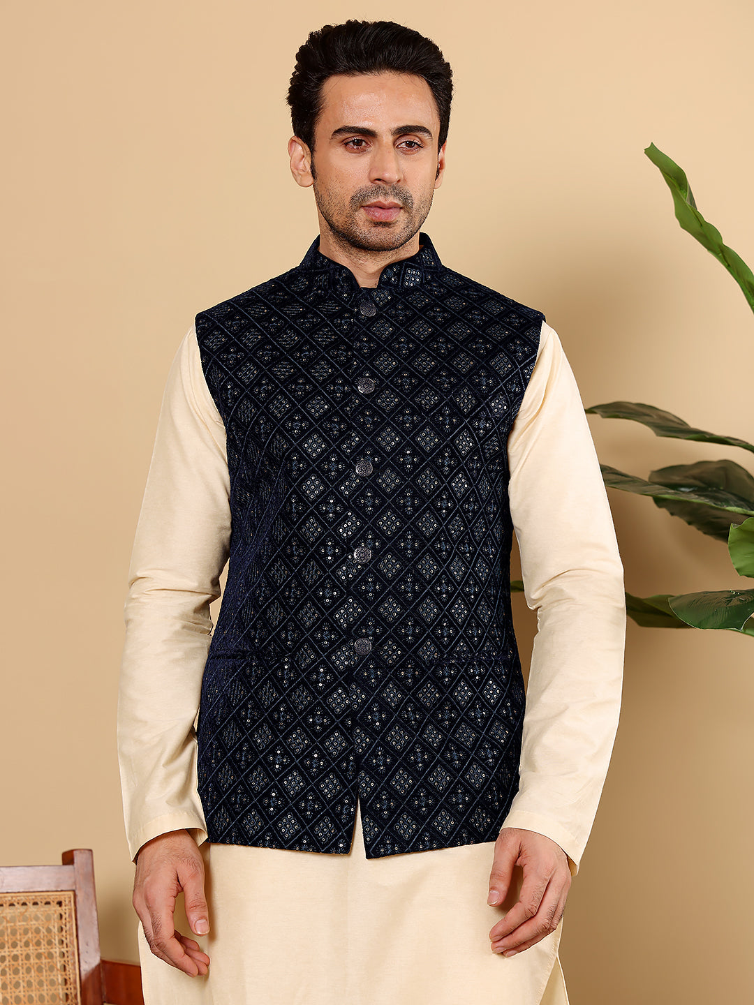 Men's Woven Design Black Embroidered Nehru Jacket | SHOBITAM