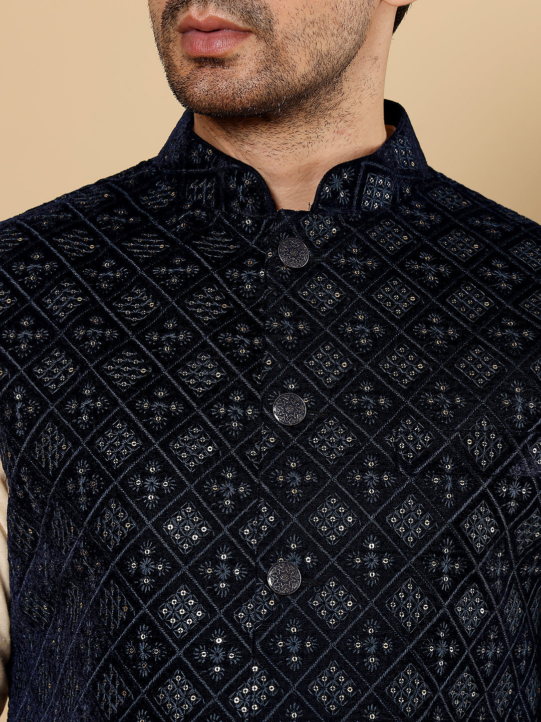 Men's Woven Design Black Embroidered Nehru Jacket | SHOBITAM