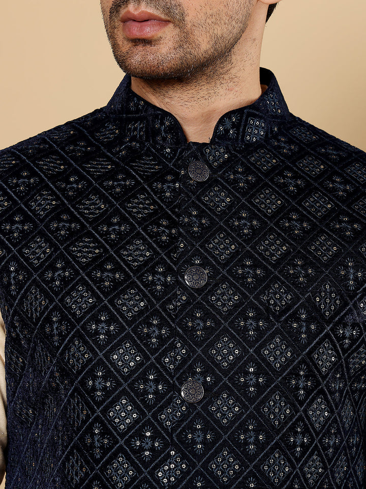 Men's Woven Design Black Embroidered Nehru Jacket | SHOBITAM