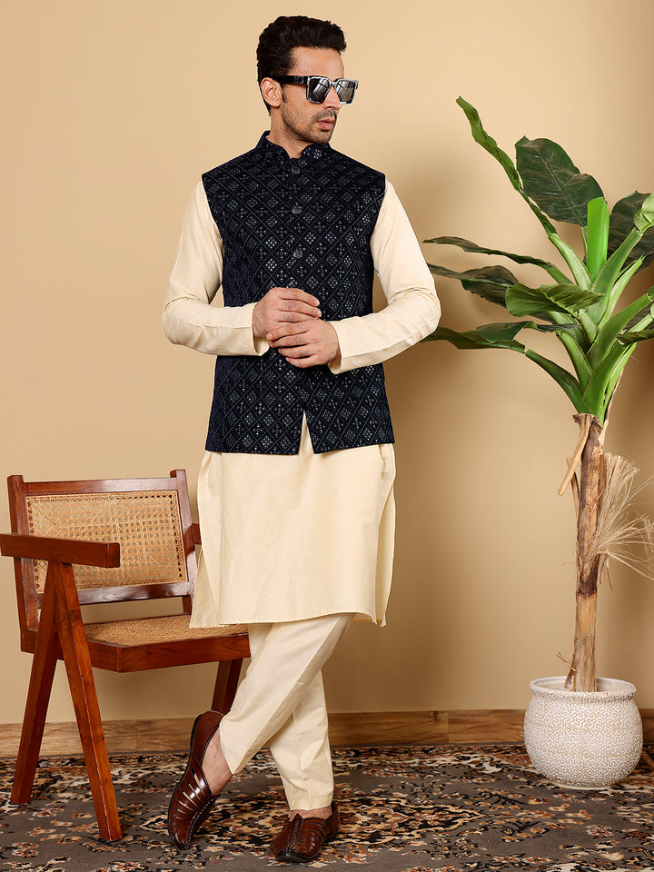 Men's Woven Design Black Embroidered Nehru Jacket | SHOBITAM