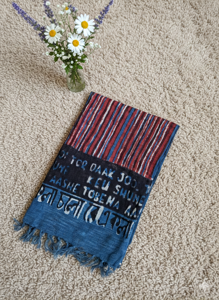 Indigo Ekla Cholo Re Dabu-block printed Cotton stole | SHOBITAM