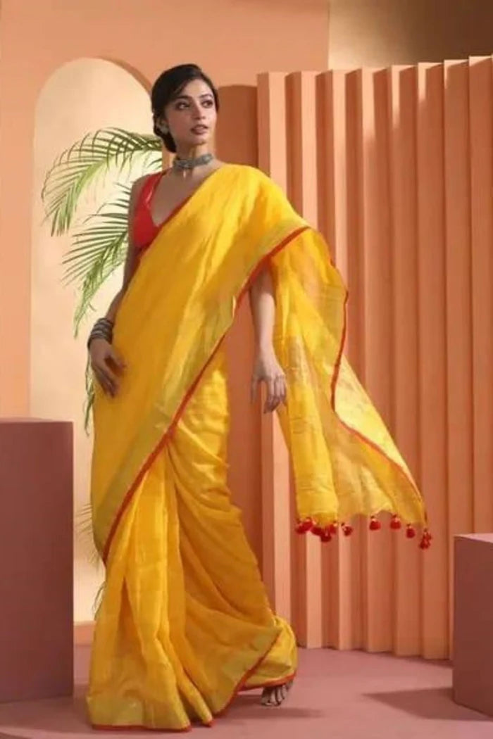 Yellow Pure Linen Ready to Wear Saree with striking red border