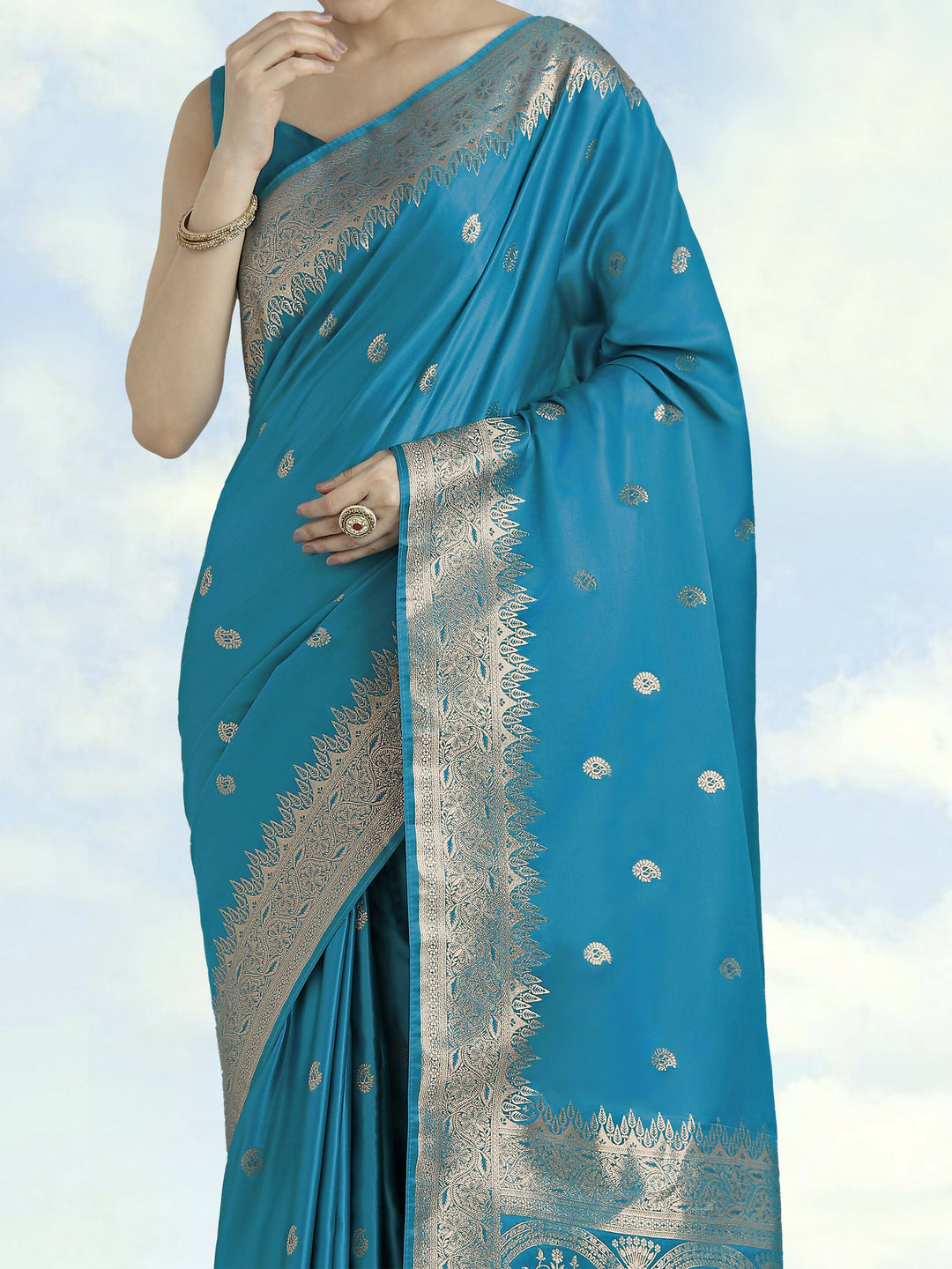Cyan blue Banarasi Satin Silk Saree With Blouse Piece |SHOBITAM