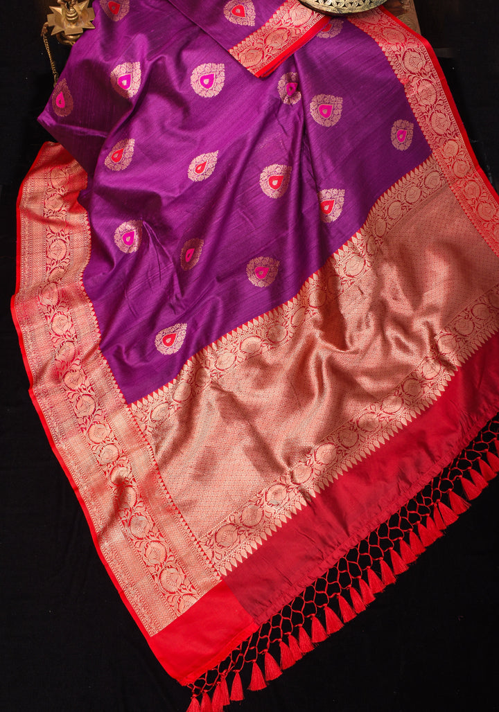 Purple Banarasi Tussar Silk Saree with Gold Tone Zari and Contrast Red Zari borders | SILK MARK CERTIFIED