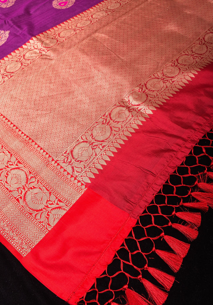 Purple Banarasi Tussar Silk Saree with Gold Tone Zari and Contrast Red Zari borders | SILK MARK CERTIFIED
