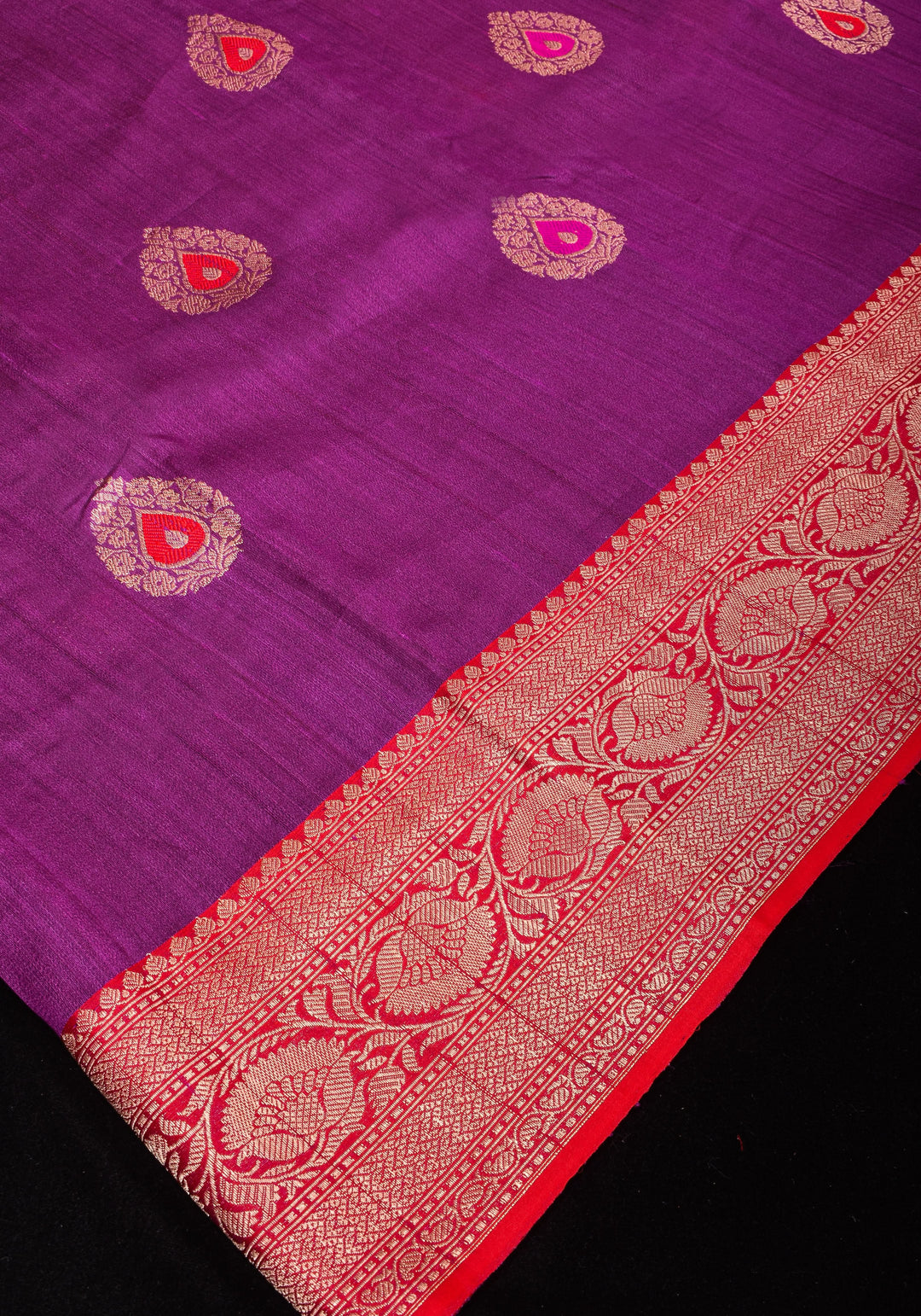 Purple Banarasi Tussar Silk Saree with Gold Tone Zari and Contrast Red Zari borders | SILK MARK CERTIFIED