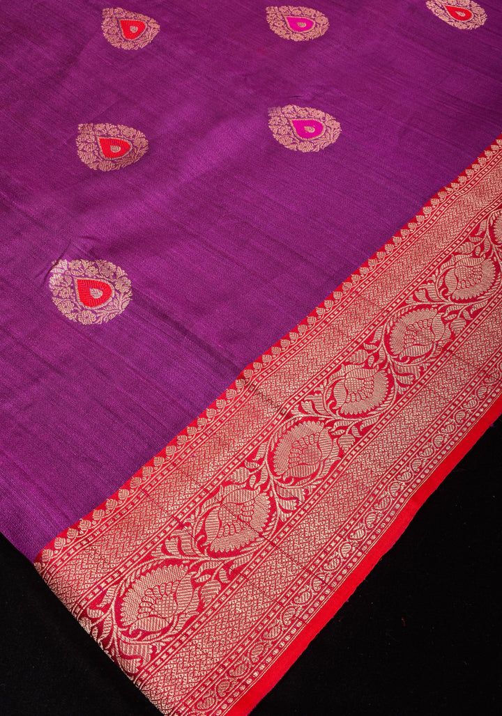 Purple Banarasi Tussar Silk Saree with Gold Tone Zari and Contrast Red Zari borders | SILK MARK CERTIFIED