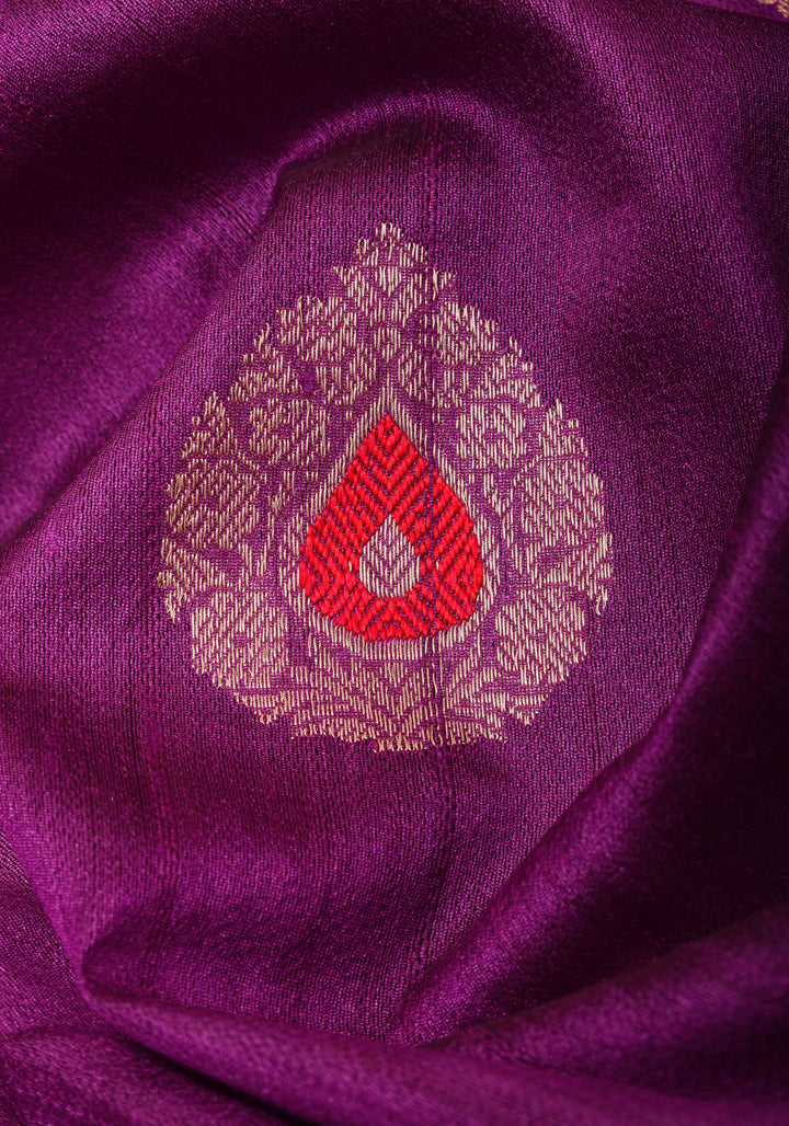 Purple Banarasi Tussar Silk Saree with Gold Tone Zari and Contrast Red Zari borders | SILK MARK CERTIFIED