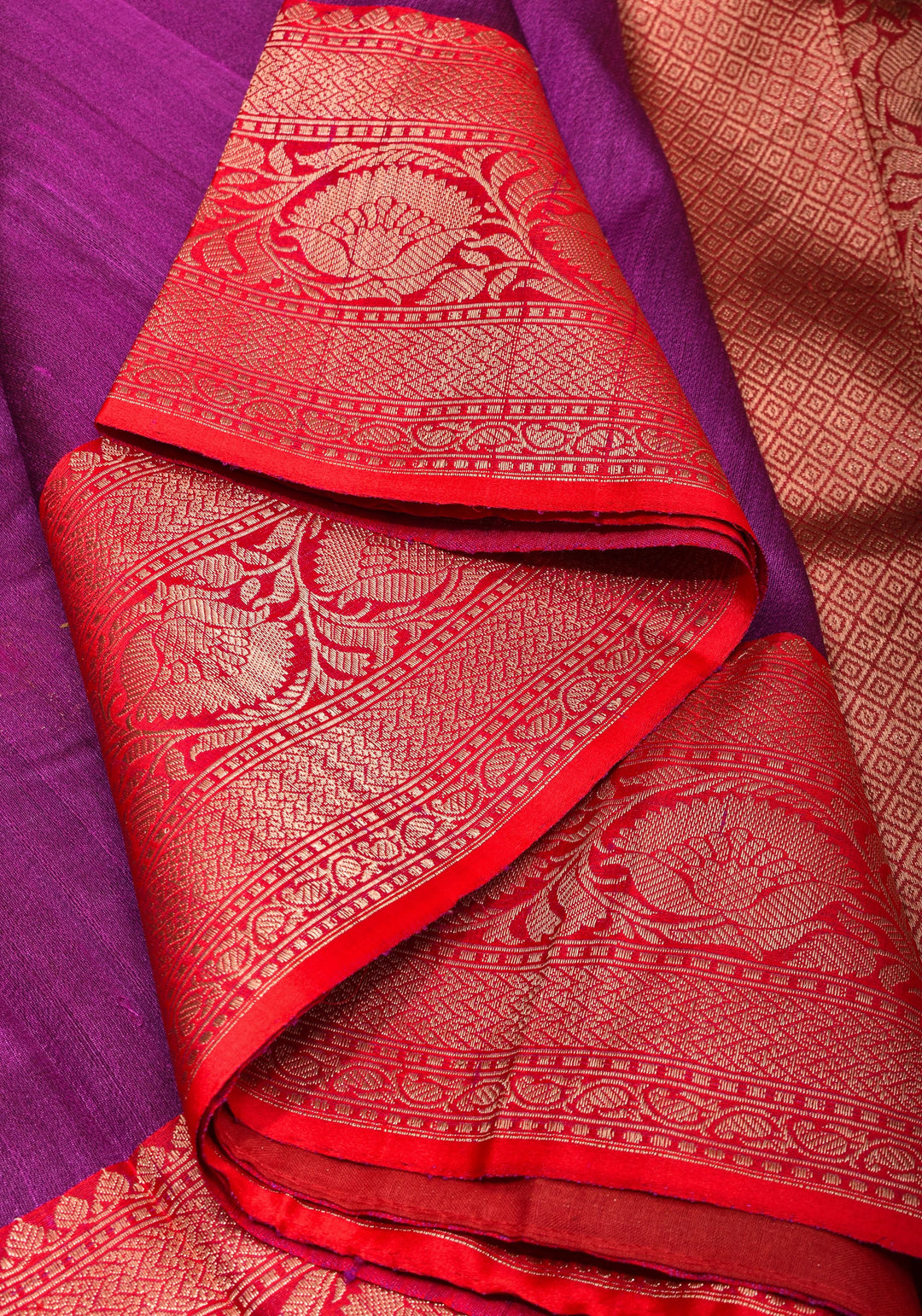 Purple Banarasi Tussar Silk Saree with Gold Tone Zari and Contrast Red Zari borders | SILK MARK CERTIFIED
