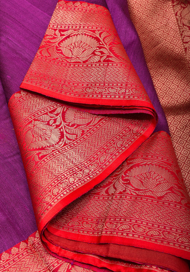 Purple Banarasi Tussar Silk Saree with Gold Tone Zari and Contrast Red Zari borders | SILK MARK CERTIFIED