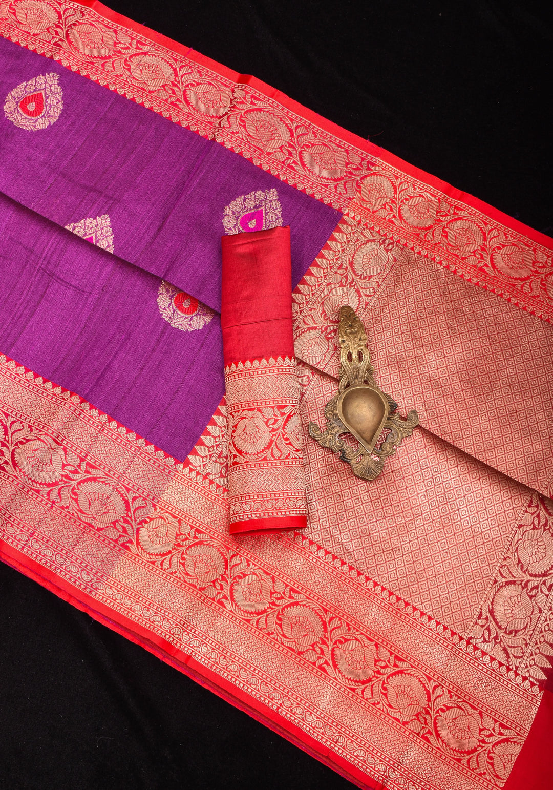 Purple Banarasi Tussar Silk Saree with Gold Tone Zari and Contrast Red Zari borders | SILK MARK CERTIFIED