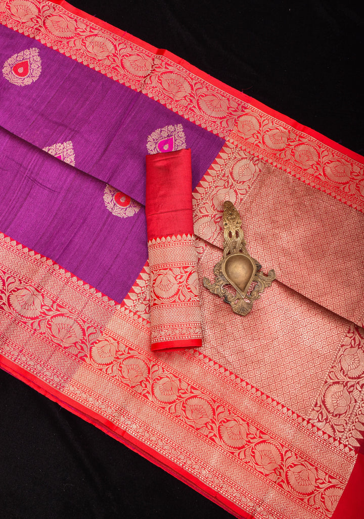 Purple Banarasi Tussar Silk Saree with Gold Tone Zari and Contrast Red Zari borders | SILK MARK CERTIFIED