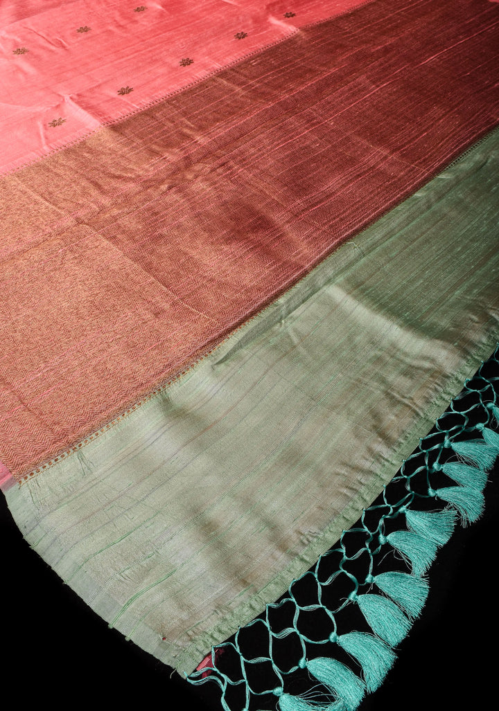 Coral Peach Pure Banarasi Raw Silk Saree with Antique zari Mandala Motifs and Contrast Blouse | SILK MARK CERTIFIED