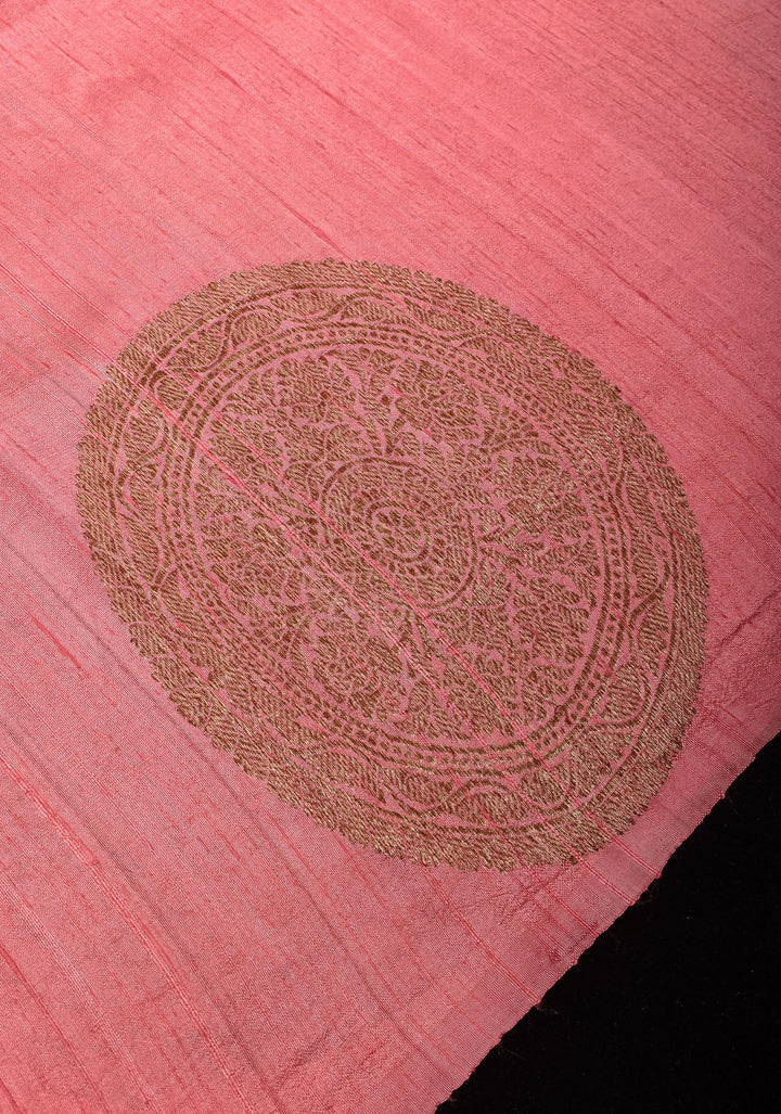 Coral Peach Pure Banarasi Raw Silk Saree with Antique zari Mandala Motifs and Contrast Blouse | SILK MARK CERTIFIED
