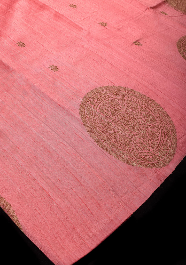 Coral Peach Pure Banarasi Raw Silk Saree with Antique zari Mandala Motifs and Contrast Blouse | SILK MARK CERTIFIED