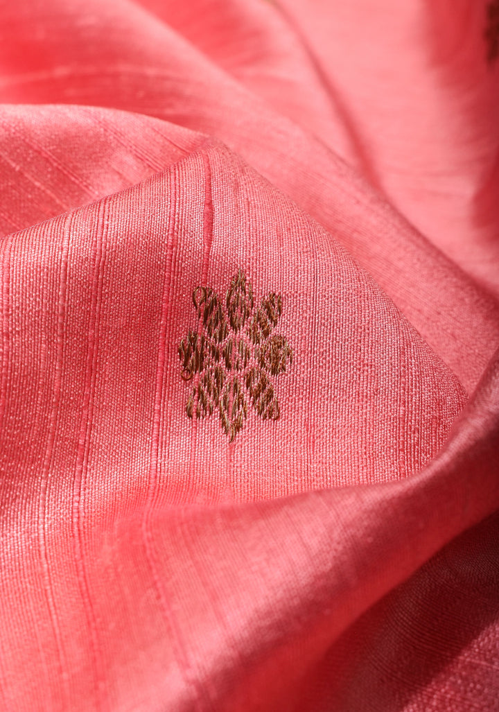 Coral Peach Pure Banarasi Raw Silk Saree with Antique zari Mandala Motifs and Contrast Blouse | SILK MARK CERTIFIED