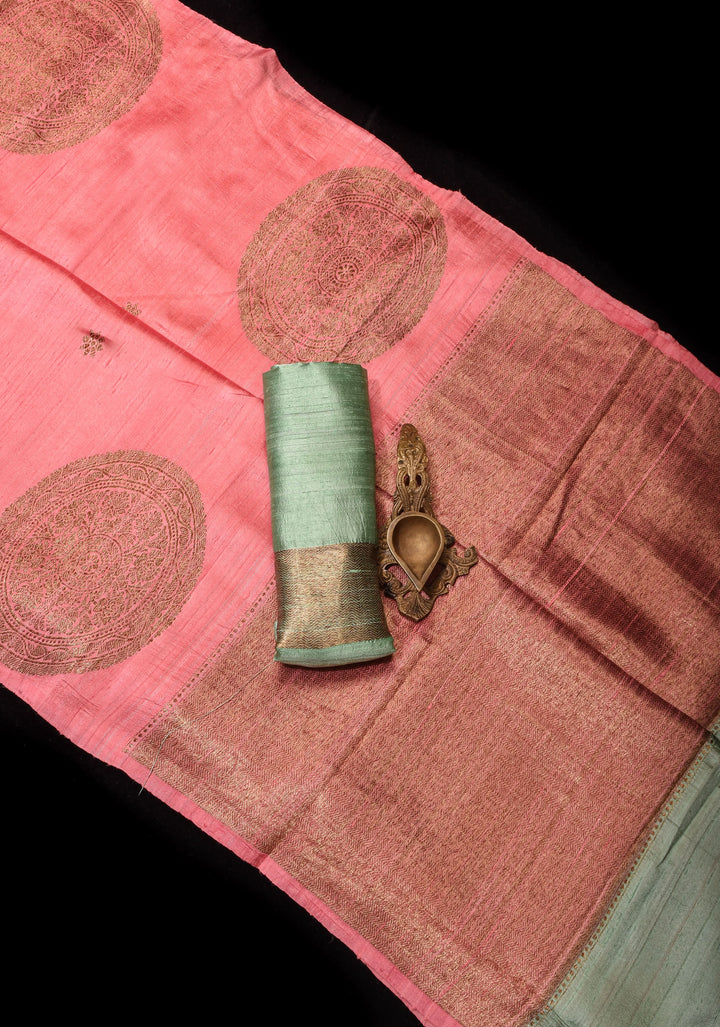 Coral Peach Pure Banarasi Raw Silk Saree with Antique zari Mandala Motifs and Contrast Blouse | SILK MARK CERTIFIED