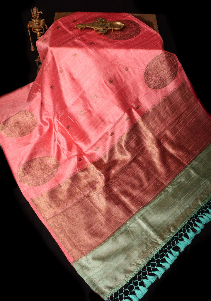Coral Peach Pure Banarasi Raw Silk Saree with Antique zari Mandala Motifs and Contrast Blouse | SILK MARK CERTIFIED