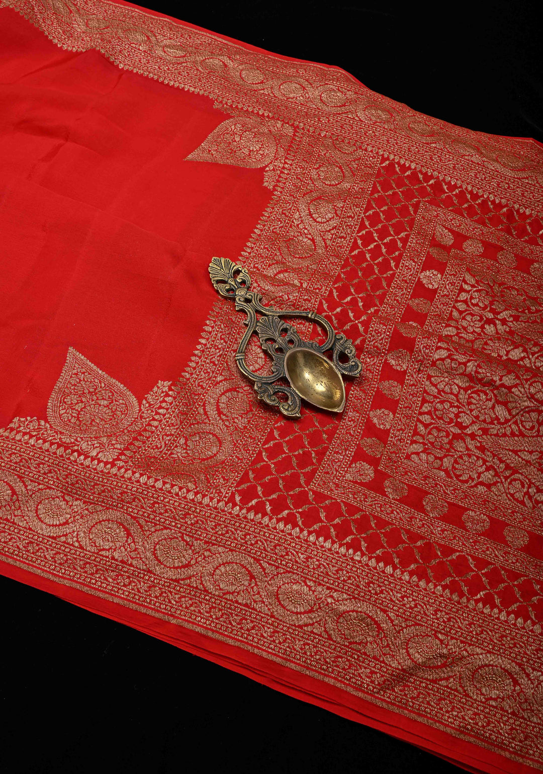 Vermillion Pure Mysore Crepe Silk Saree with Koniya Motifs and Antique Zari Border | SILK MARK CERTIFIED