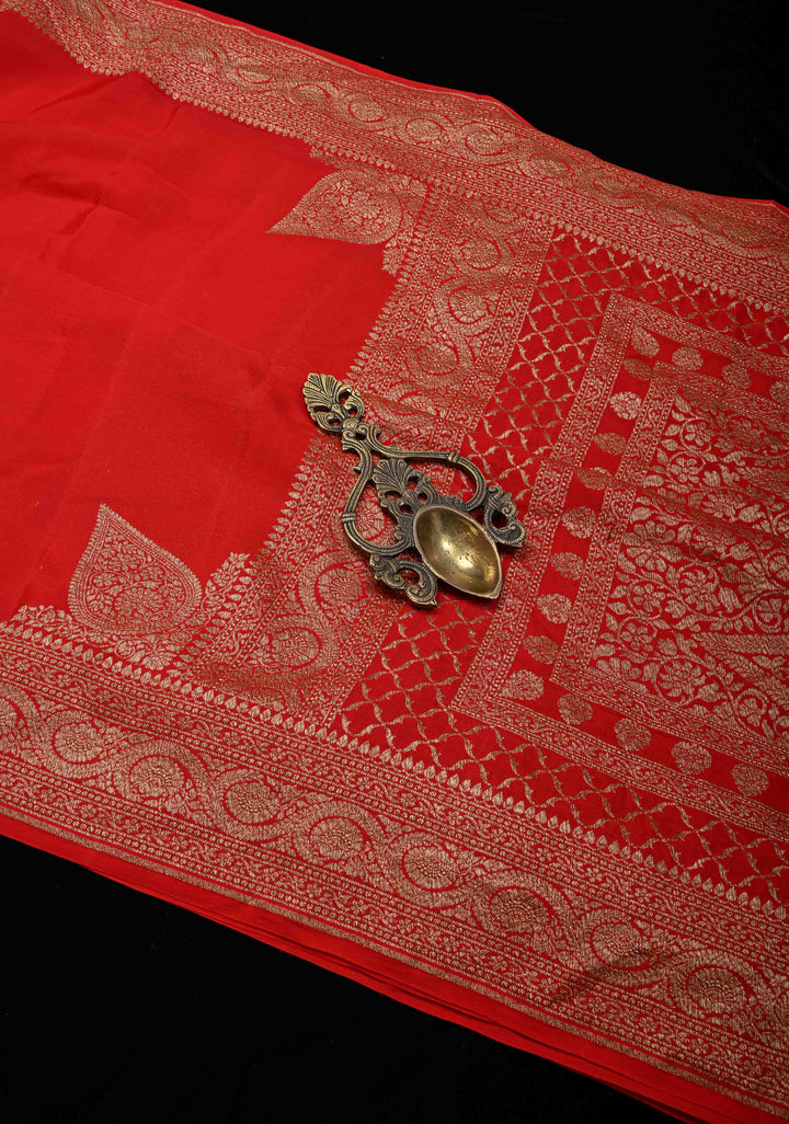 Vermillion Pure Mysore Crepe Silk Saree with Koniya Motifs and Antique Zari Border | SILK MARK CERTIFIED