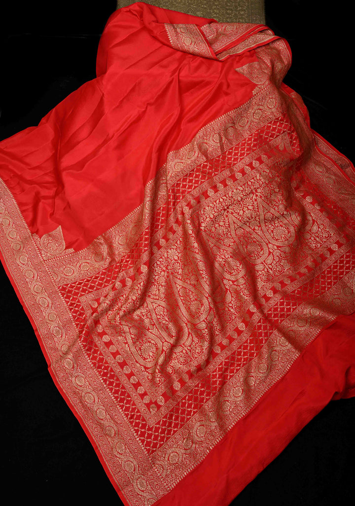 Vermillion Pure Mysore Crepe Silk Saree with Koniya Motifs and Antique Zari Border | SILK MARK CERTIFIED