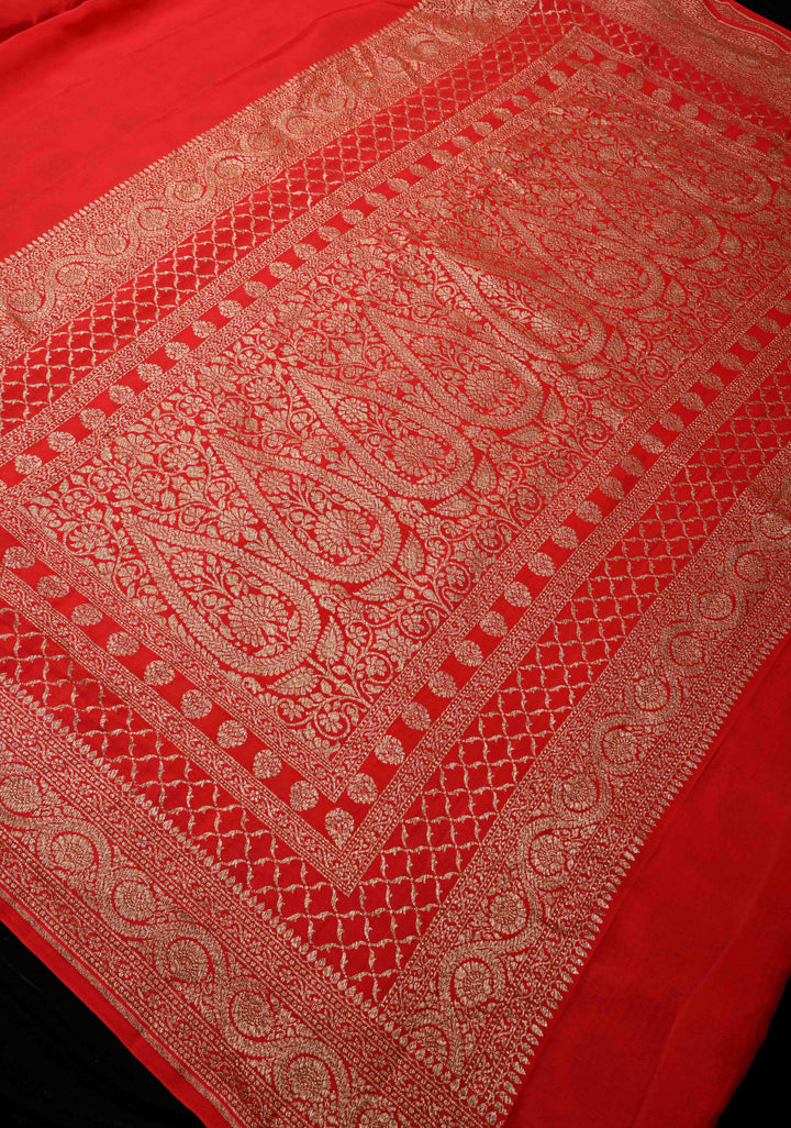 Vermillion Pure Mysore Crepe Silk Saree with Koniya Motifs and Antique Zari Border | SILK MARK CERTIFIED