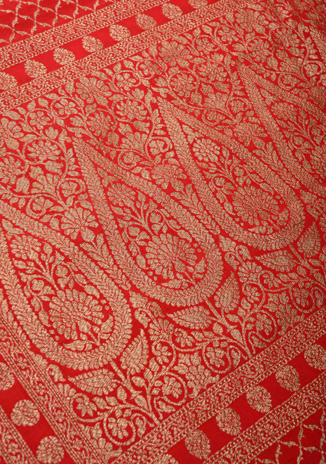 Vermillion Pure Mysore Crepe Silk Saree with Koniya Motifs and Antique Zari Border | SILK MARK CERTIFIED