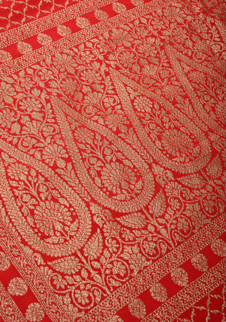 Vermillion Pure Mysore Crepe Silk Saree with Koniya Motifs and Antique Zari Border | SILK MARK CERTIFIED