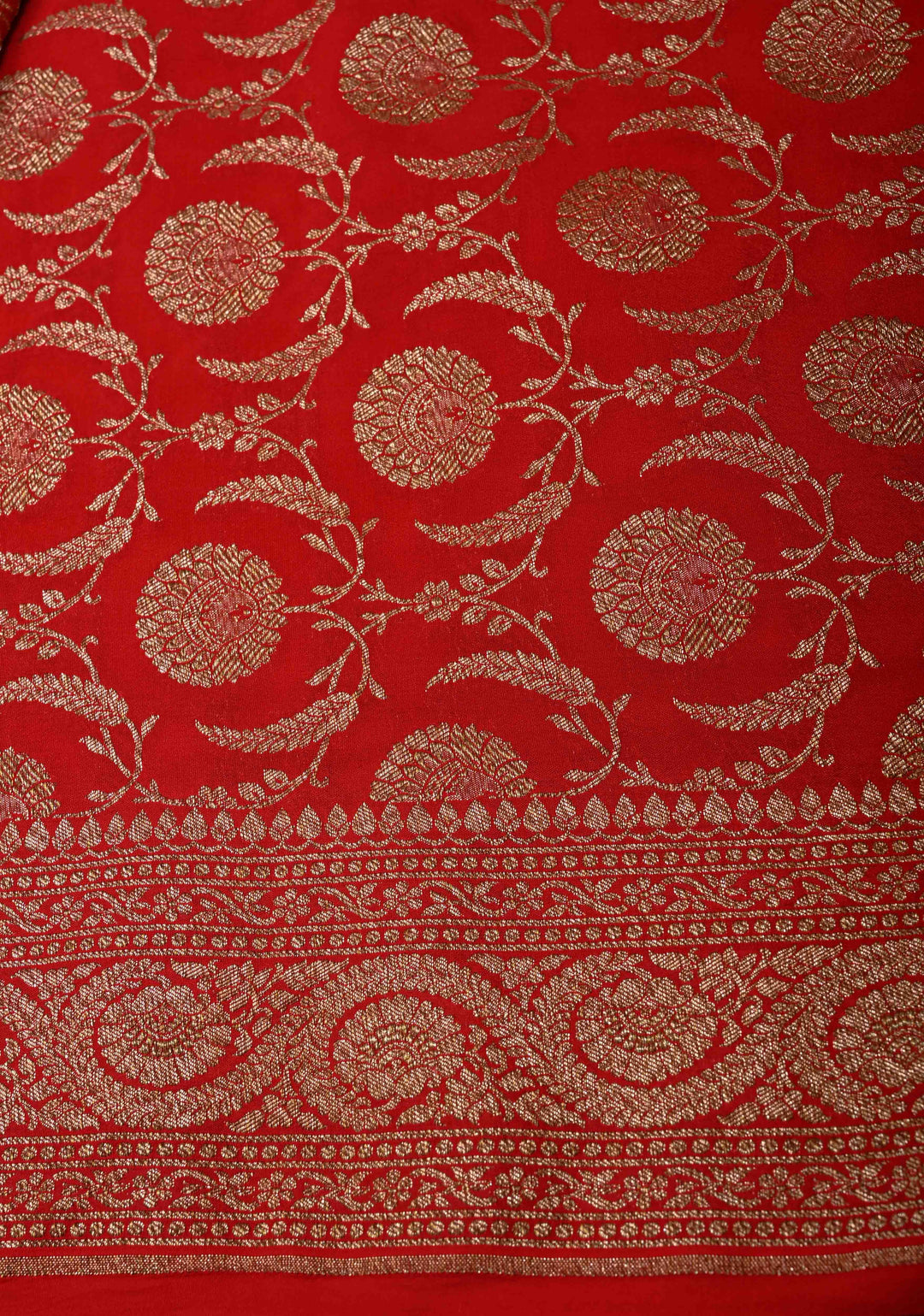 Vermillion Pure Mysore Crepe Silk Saree with Koniya Motifs and Antique Zari Border | SILK MARK CERTIFIED
