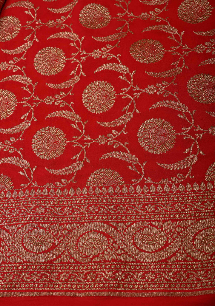 Vermillion Pure Mysore Crepe Silk Saree with Koniya Motifs and Antique Zari Border | SILK MARK CERTIFIED