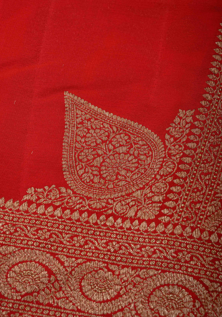Vermillion Pure Mysore Crepe Silk Saree with Koniya Motifs and Antique Zari Border | SILK MARK CERTIFIED