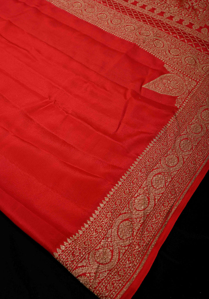 Vermillion Pure Mysore Crepe Silk Saree with Koniya Motifs and Antique Zari Border | SILK MARK CERTIFIED
