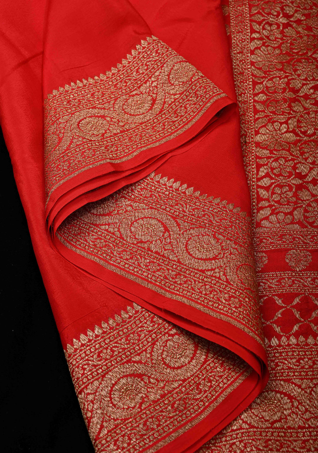 Vermillion Pure Mysore Crepe Silk Saree with Koniya Motifs and Antique Zari Border | SILK MARK CERTIFIED