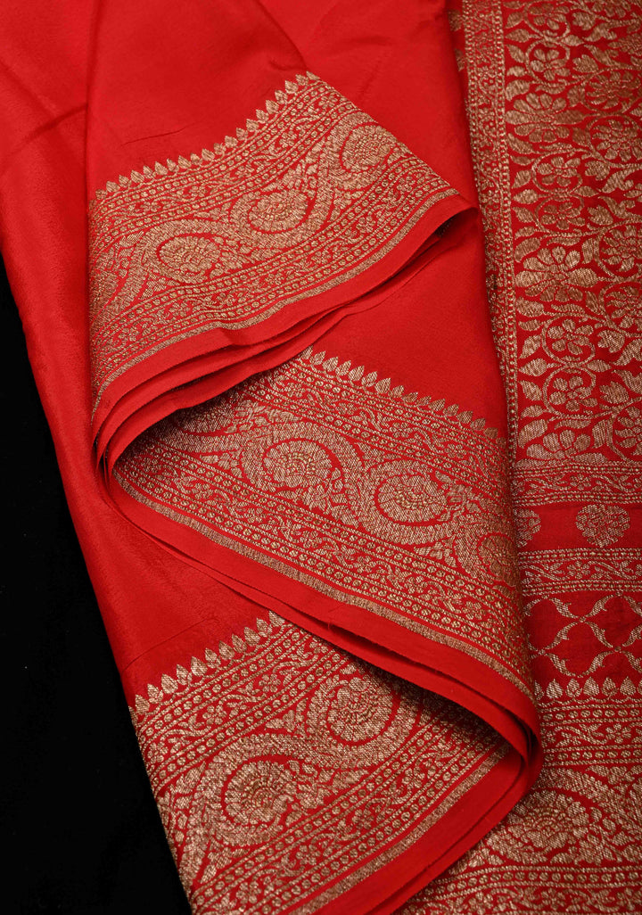 Vermillion Pure Mysore Crepe Silk Saree with Koniya Motifs and Antique Zari Border | SILK MARK CERTIFIED