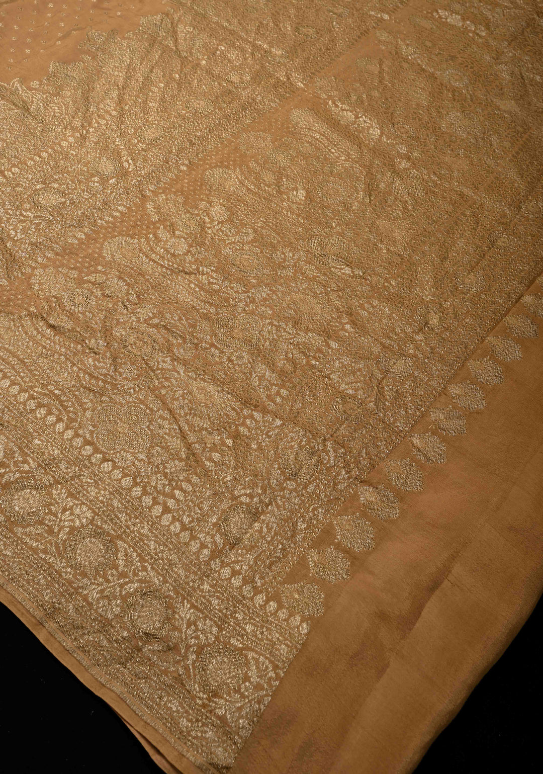 Camel Brown Pure Mysore Crepe Silk Saree with Chunri Buttis Brocade and Brocade Blouse PIece | SILK MARK CERTIFIED