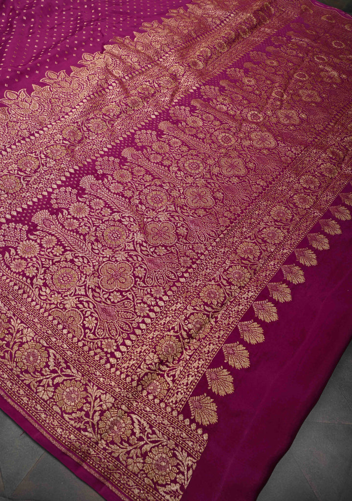 Pansy Purple Pure Mysore Crepe Silk Saree with Antique Zari Chunri Buttis and Brocade Blouse | SILK MARK CERTIFIED