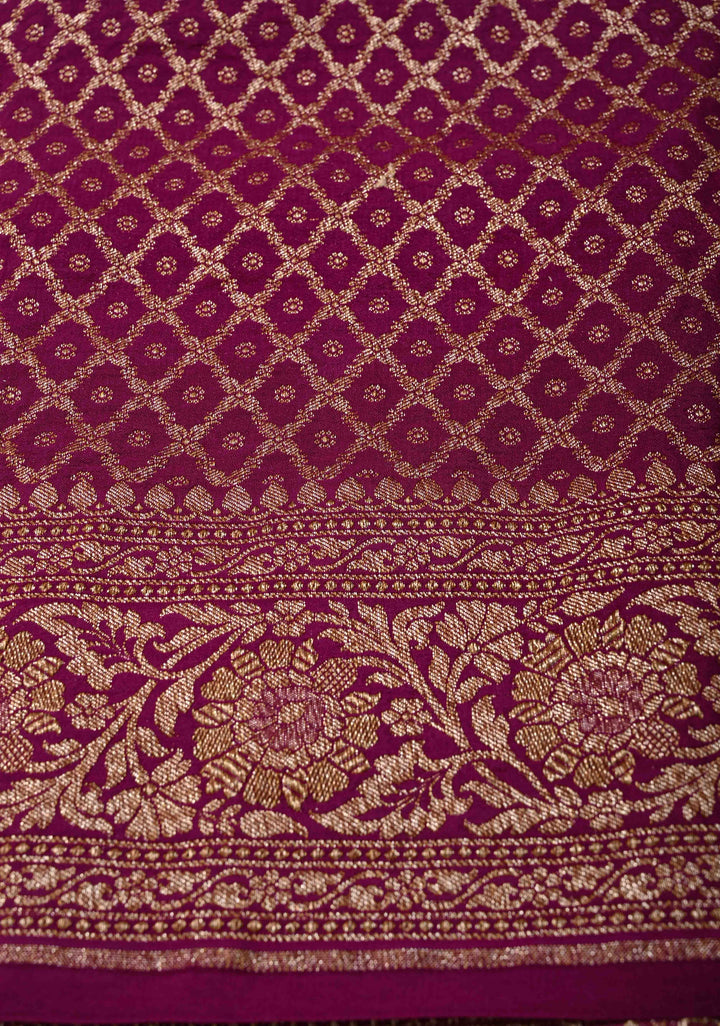 Pansy Purple Pure Mysore Crepe Silk Saree with Antique Zari Chunri Buttis and Brocade Blouse | SILK MARK CERTIFIED