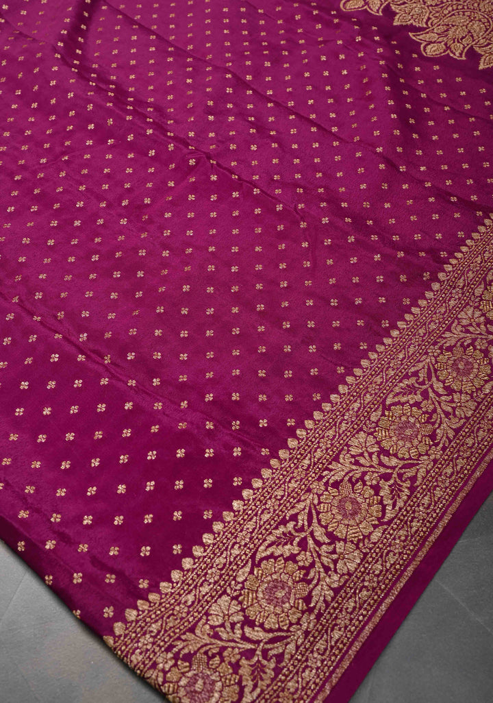 Pansy Purple Pure Mysore Crepe Silk Saree with Antique Zari Chunri Buttis and Brocade Blouse | SILK MARK CERTIFIED