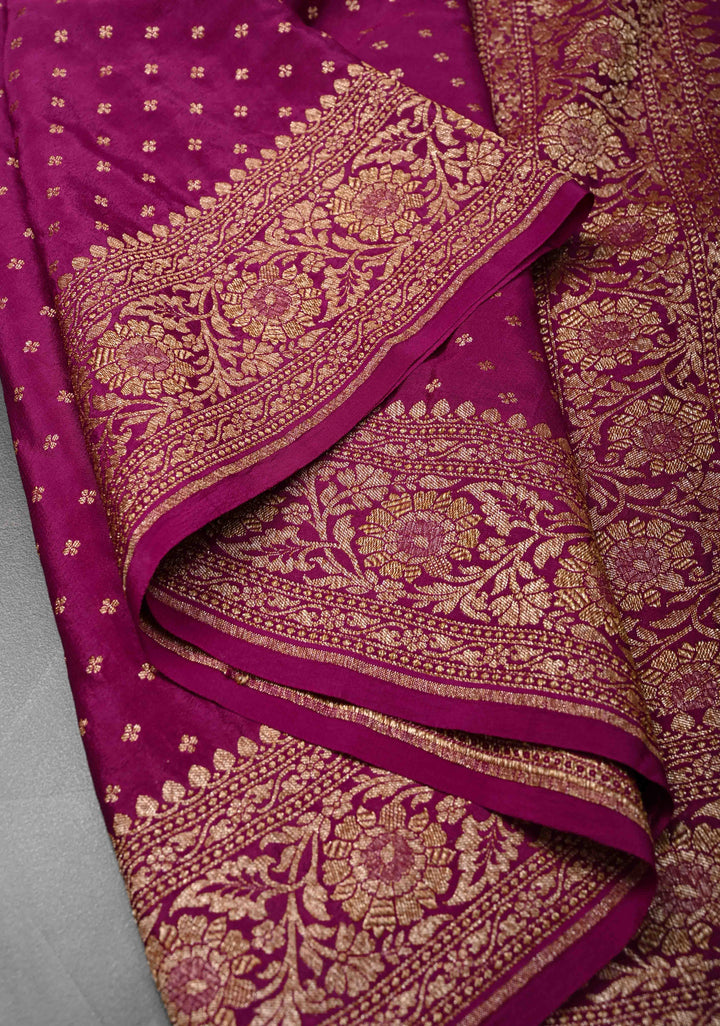 Pansy Purple Pure Mysore Crepe Silk Saree with Antique Zari Chunri Buttis and Brocade Blouse | SILK MARK CERTIFIED
