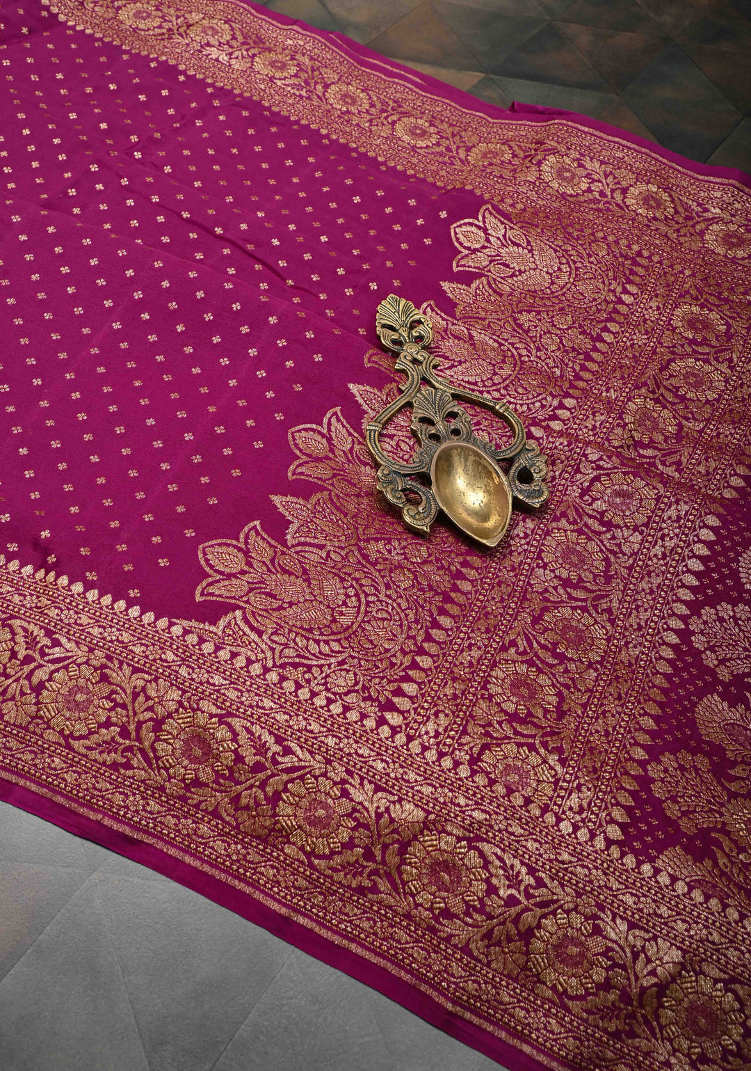 Pansy Purple Pure Mysore Crepe Silk Saree with Antique Zari Chunri Buttis and Brocade Blouse | SILK MARK CERTIFIED