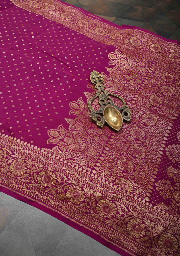 Pansy Purple Pure Mysore Crepe Silk Saree with Antique Zari Chunri Buttis and Brocade Blouse | SILK MARK CERTIFIED
