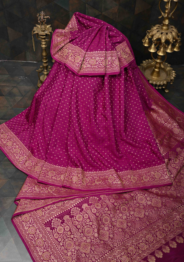 Pansy Purple Pure Mysore Crepe Silk Saree with Antique Zari Chunri Buttis and Brocade Blouse | SILK MARK CERTIFIED