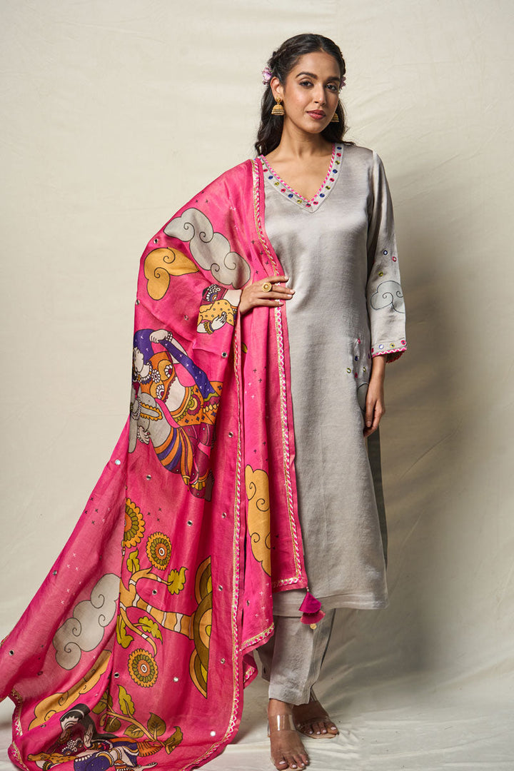 MEGHDOOT GREY KURTA + SALWAR + DUPATTA (SET OF 3) | SHOBITAM