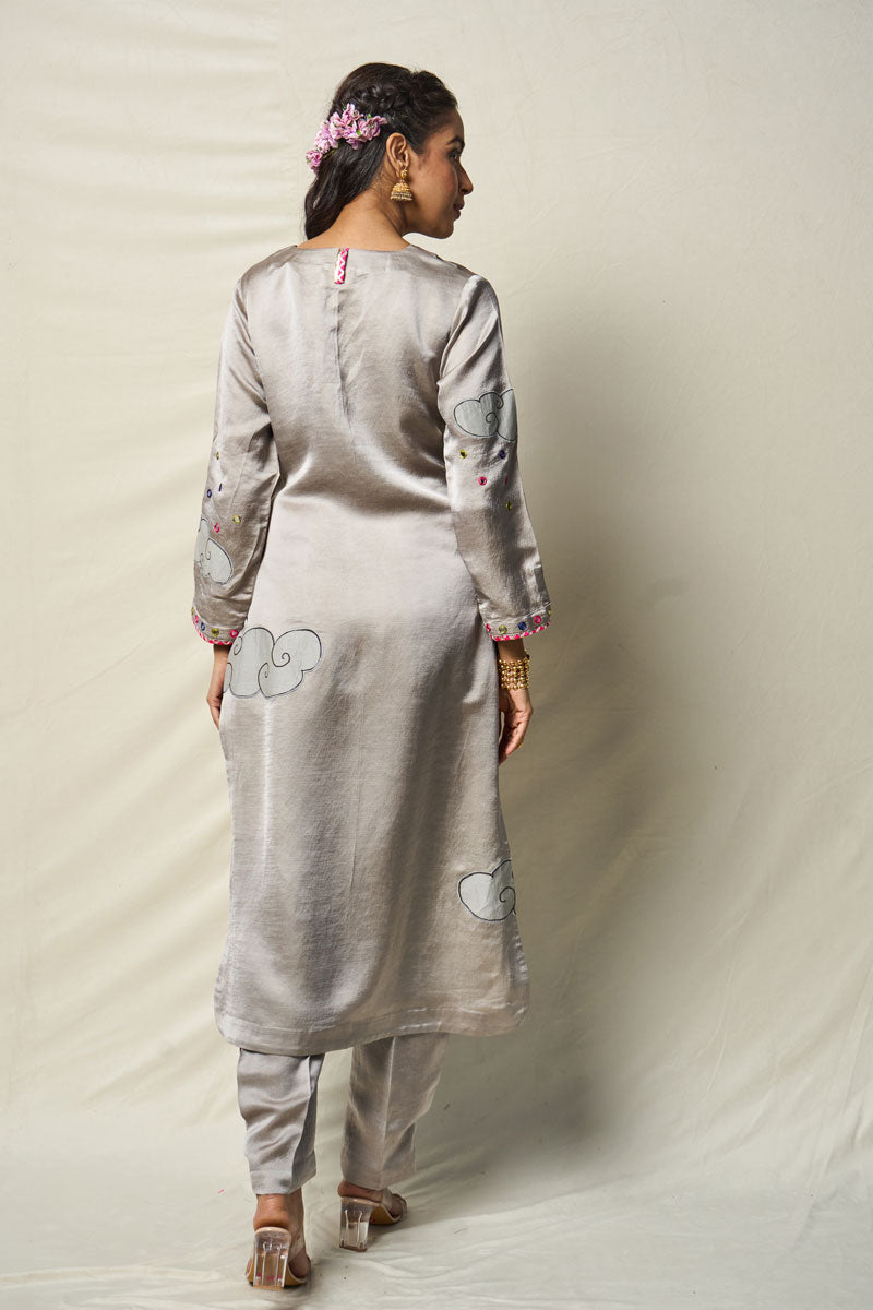 MEGHDOOT GREY KURTA + SALWAR + DUPATTA (SET OF 3) | SHOBITAM