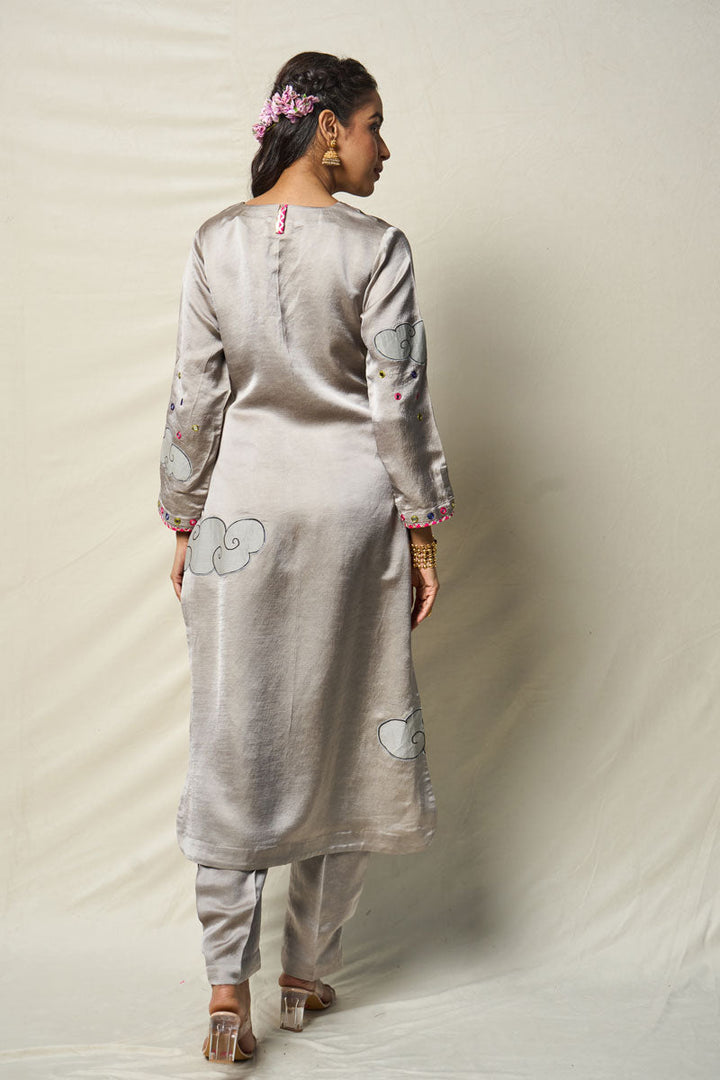 MEGHDOOT GREY KURTA + SALWAR + DUPATTA (SET OF 3) | SHOBITAM